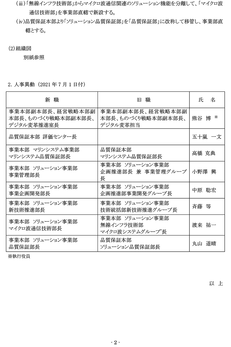 組織変更および人事異動に関するお知らせ