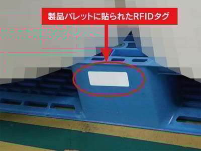 製品パレットにRFIDタグシールを貼り付け、 パレット単位で製品管理をしています。 （画像の一部を加工しています）